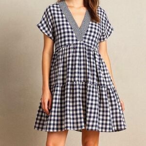 Anthropologie 11.1 Tylho Navy Blue and White Gingham Shift Dress Size Small